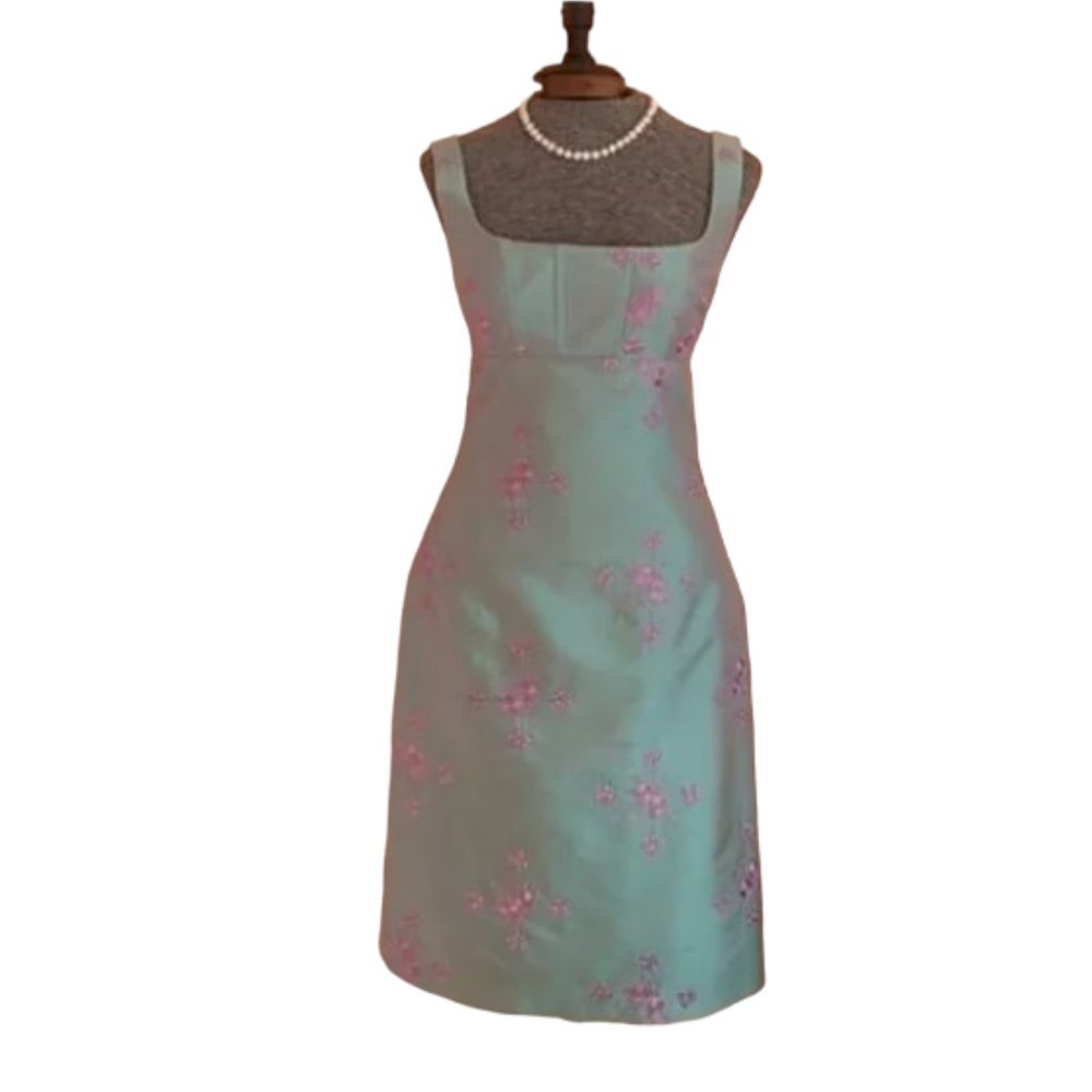 Nanette Lepore Rare Vintage Green Shimmer w/ Pink Floral Embroidery Silk Dress - Picture 1 of 14